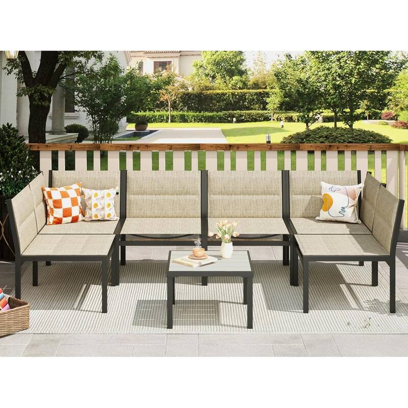 AECOJOY 7 Pieces Cotton-Filled Textilene Fabric Outdoor Conversation Sets with Coffee Table, Patio Sectional Furniture Set