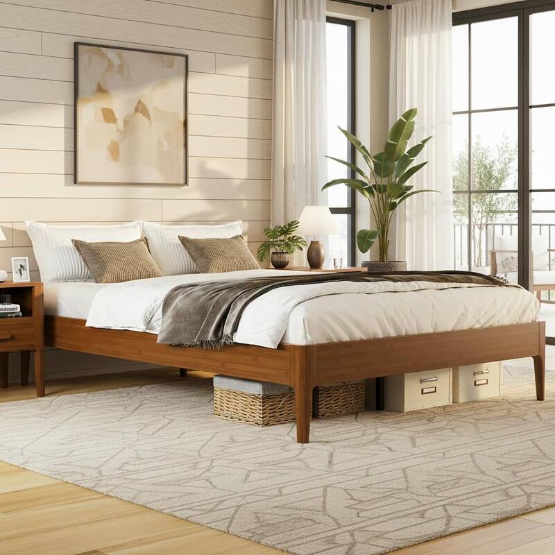 Solid Bamboo Platform Bed with Metal Support & Ample Underbed Storage by Harper&Bright Designs - Brown - King