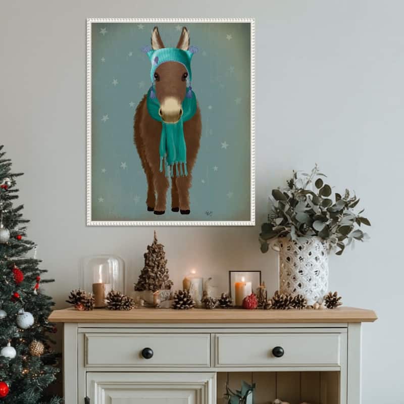 Donkey Blue Hat and Scarf by Fab Funky (23 x 28 in.), Framed Canvas Wall Art Print - Sylvie Beaded White