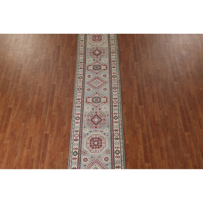 Light Blue Kazak Runner Rug Hand-Knotted Traditional Wool Carpet - 2'8" x 13'4"