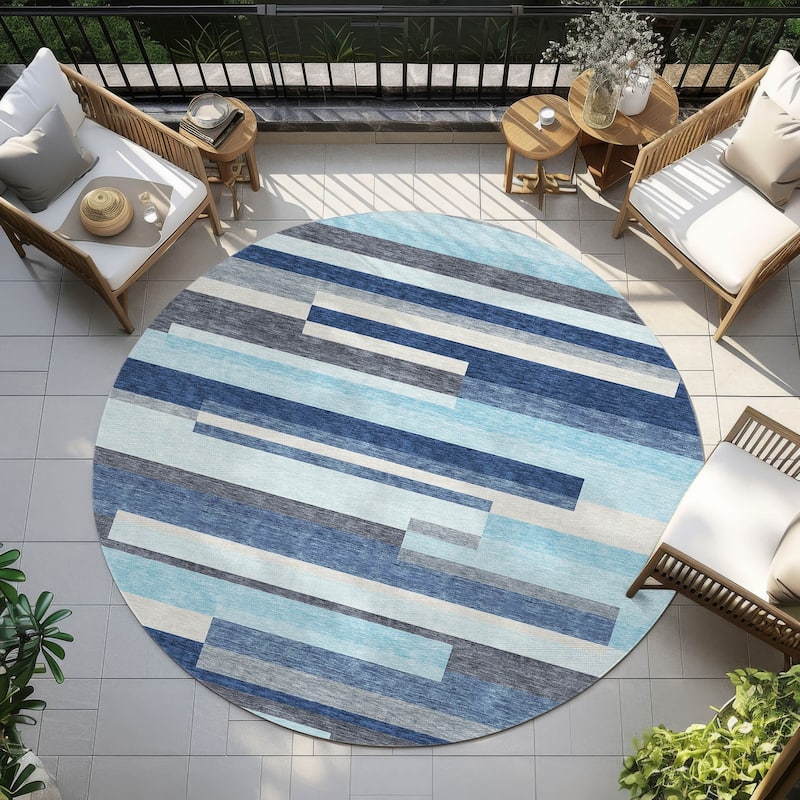 Machine Washable Indoor/ Outdoor Modern Stripes Chantille Rug - Blue - 8' x 8'