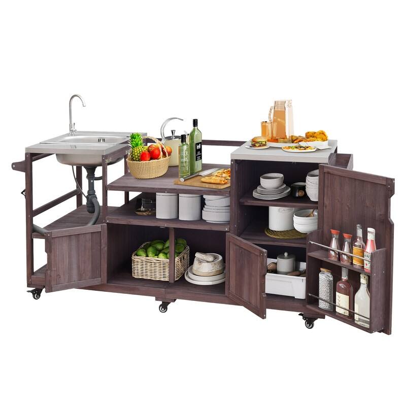 75.4" Rolling Outdoor Kitchen Island with Stainless Steel Top, Premium Solid Wood Grill Cart with Sink and Wheels for Outdoor