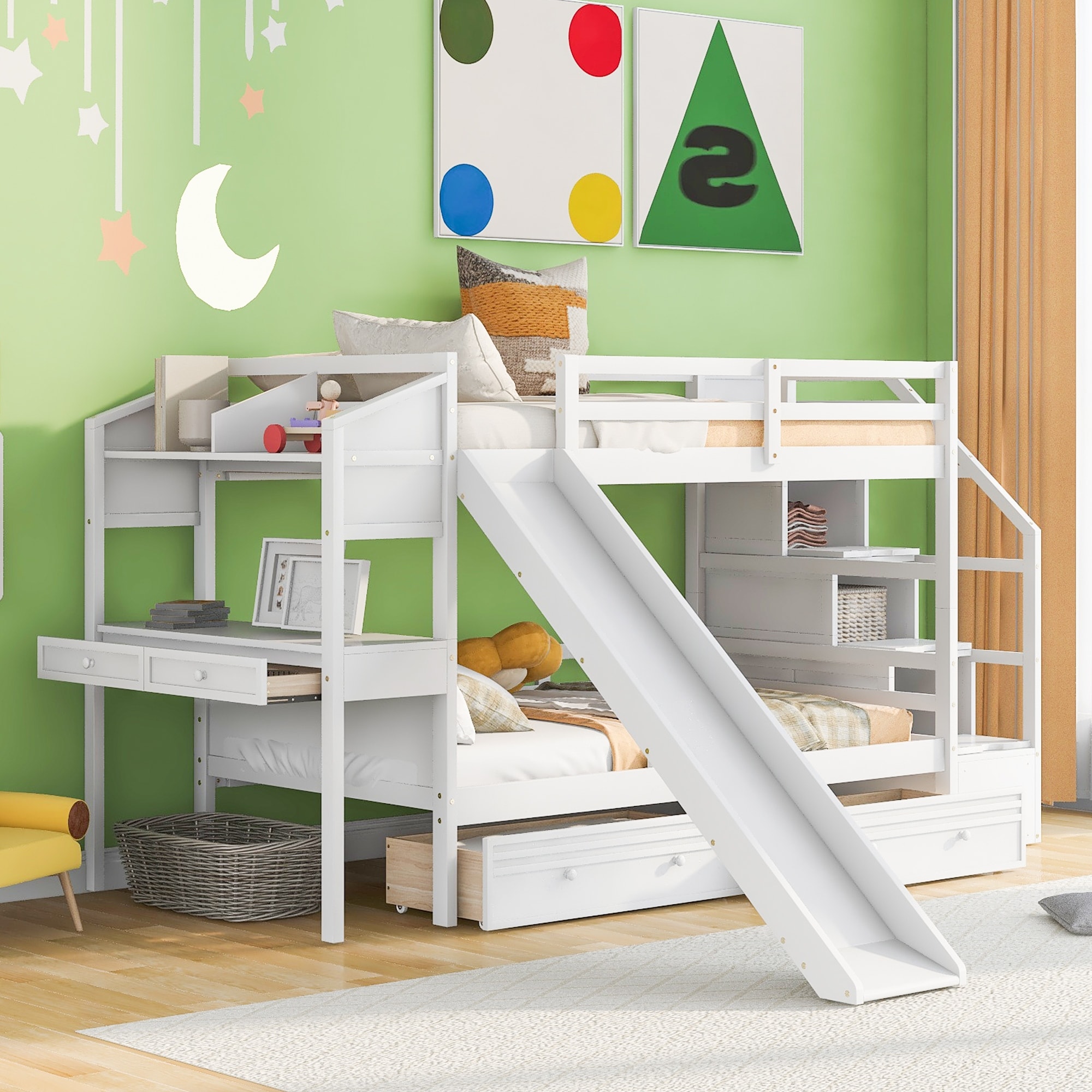 Twin over Twin Bunk Bed with Storage Staircase Slide and Drawers Desk with Drawers and Shelves