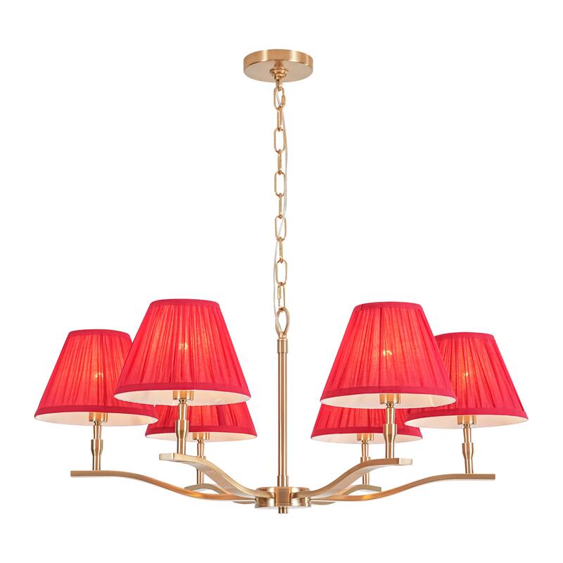 31.5" W Mid-Century Traditional Brass Finish Dimmbale Chandelier with Red Pleated Fabric Shades for Living & Dining Room