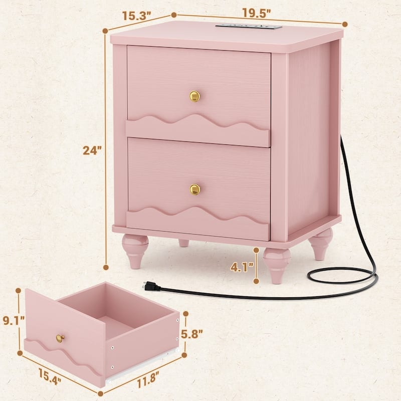 Modern Nightstand with Charging Station, Side End Table with 2 Drawers