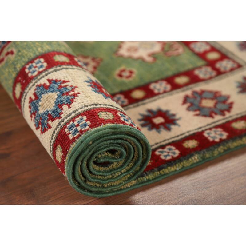 Light Green Geometric Kazak Foyer Rug Hand-Knotted Wool Carpet - 2'10" x 4'2"