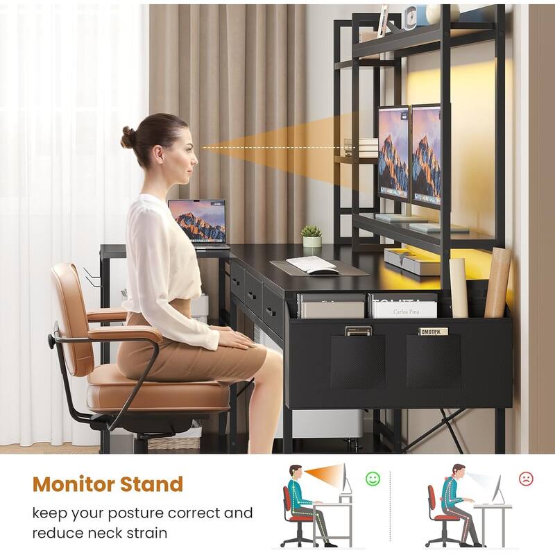 55" L Shaped Gaming Desk Corner Computer Desk Fabric Drawers