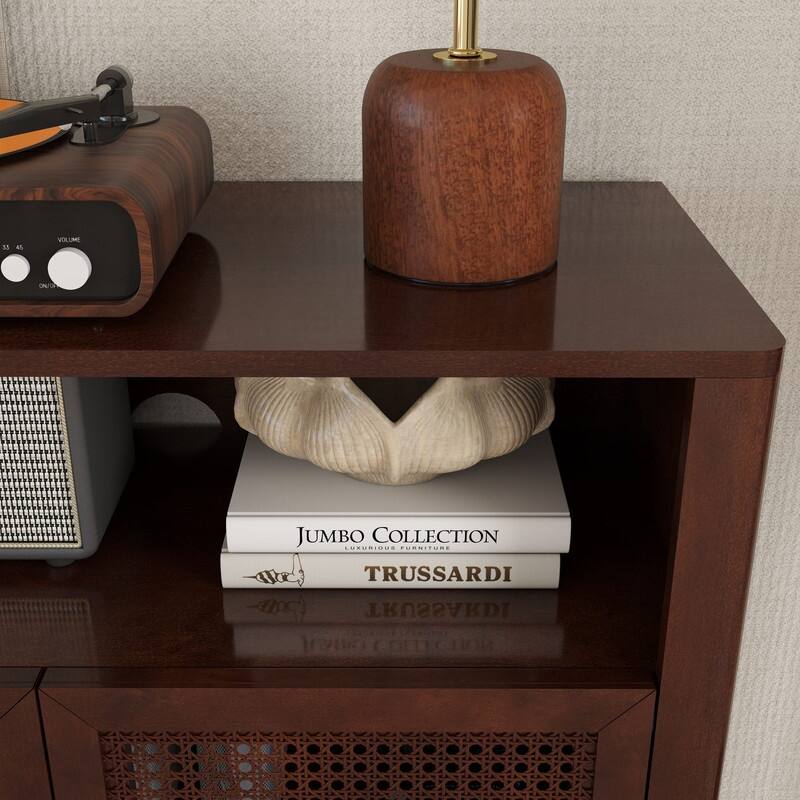 Mid Century Modern 63" Wide 4 - Cane Rattan Door Storage Sideboard with Open Shelf, Wine Bar Credenza for Living Room Entryway