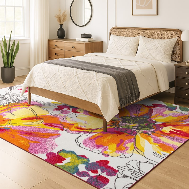 World Rug Gallery Modern Bright Flowers Non-Slip Area Rug Multi