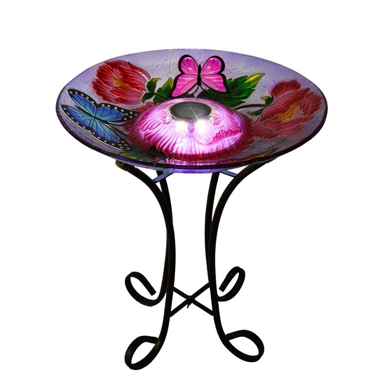 21" Red & Blue Butterflies Peonies Outdoor Glass Solar Bird Bath St&