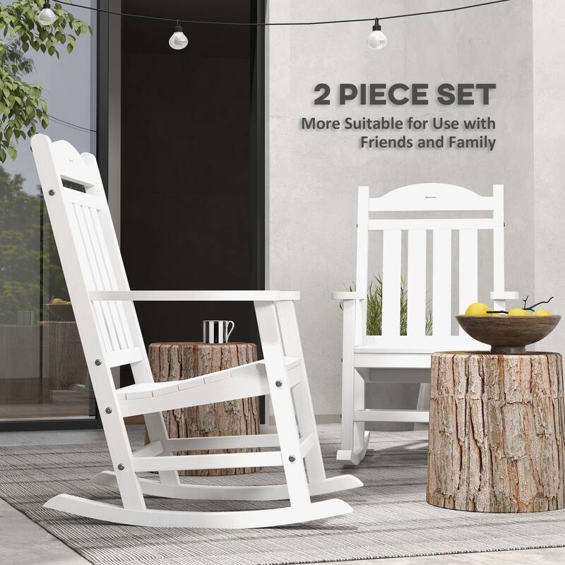 Outsunny 2 Pieces Outdoor Rocking Chair, All Weather-Resistant HDPE Rocking Patio Chairs with Rustic High Back, Armrests