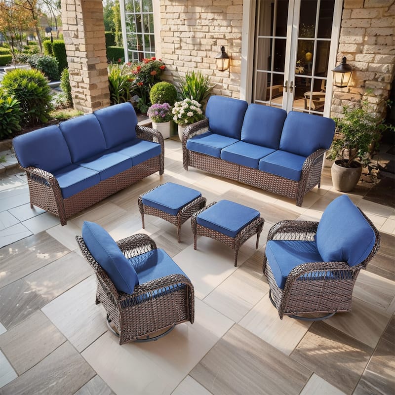 Pocassy Swivel Chair with Outdoor Sofa Ottoman Funiture Set. - Brown Wicker Blue Cushion - 6-Piece Sofa Swivel Chair with Ottoman