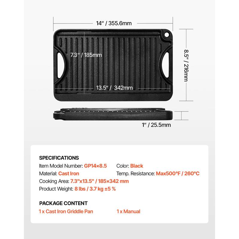Anmytek 14x8.5 inch Reversible Grill Griddle Pre-Seasoned BBQ Pan Cast Iron Black