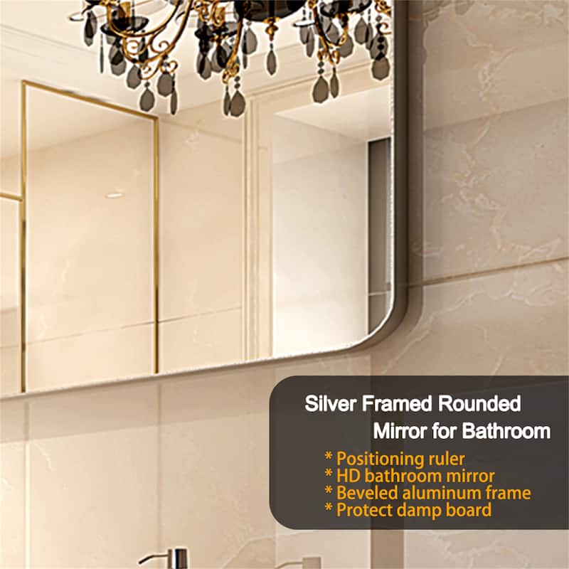 Glossy Brushed Silver Rounded Corner Rectangle Bathroom Mirror