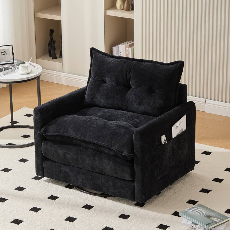 360°Swivel Barrel Chair Single Armchair Chenille Sofa Accent Chair with Thick Padded and Side Storage Pockets - Black