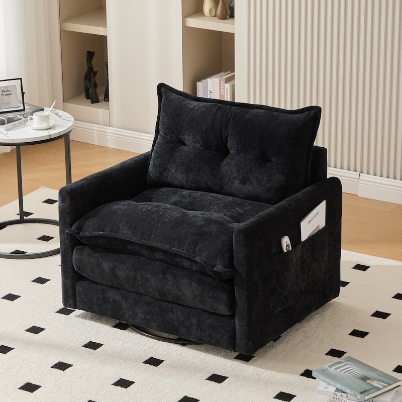 HOMEFUN Chenille Upholstered 360°Degree Swivel Mid Century Modern Arm Chair with Side Pocket for Living Room - Black