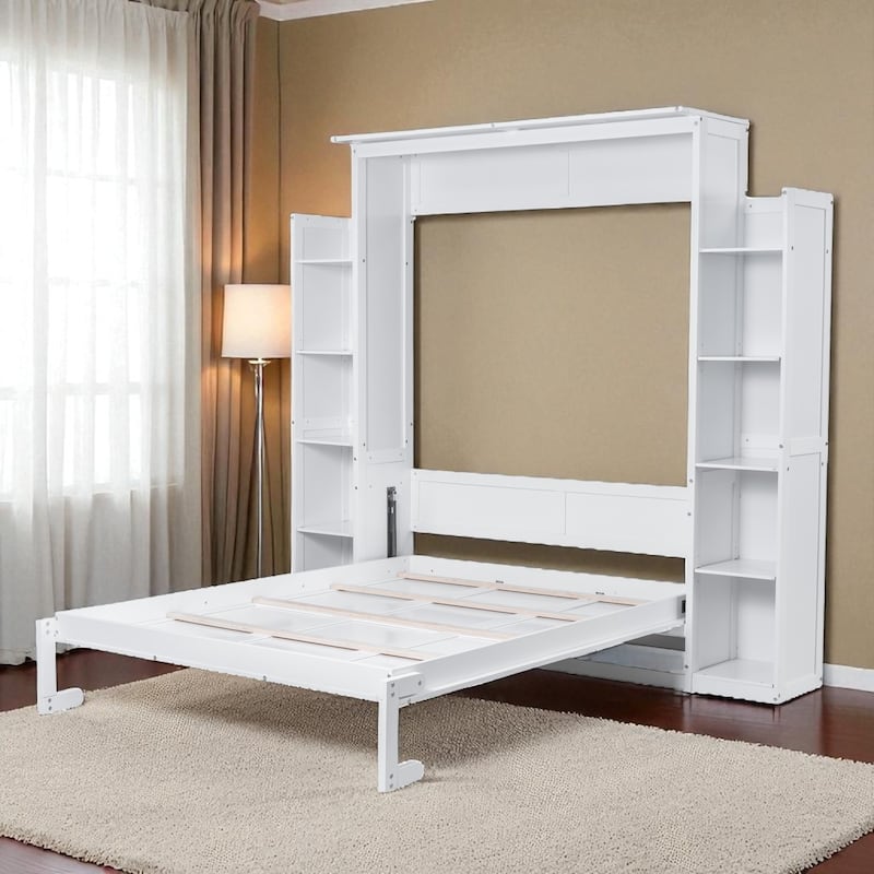 Full/Queen Murphy Wall Bed with Shelves & LED, Dual-Piston, 8 in Mattress, 600 lb Capacity, Space-Saving