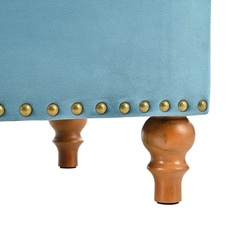 Velvet Storage Ottoman with Hidden Compartment, Square Upholstered Ottoman, End of Bed Bench with Rivet Trim & Solid Wood Legs
