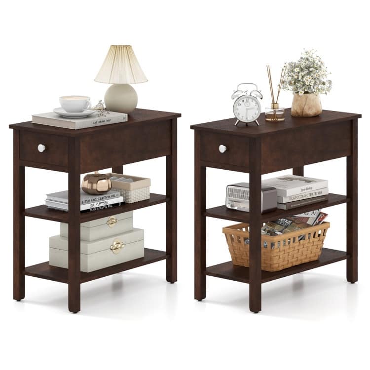 3-Tier Narrow End Table with Drawer and Storage Shelves Set of 2 - 23.5" x 12" x 24.5"