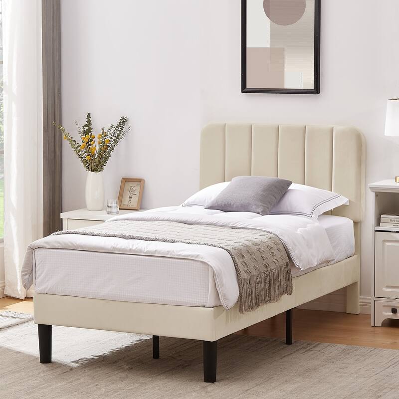 Kids Bed Frame, Height Adjustable Upholstered Bed, Twin Size Bed Set of 2