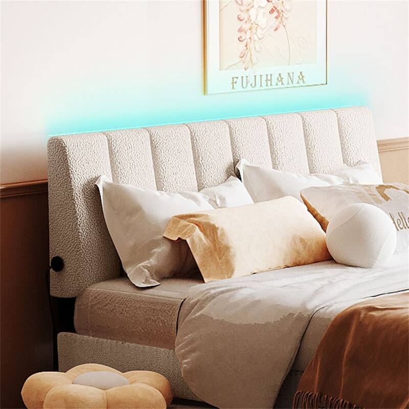 Full Size Upholstered Platform Bed with Trundle and LED Bed Frame