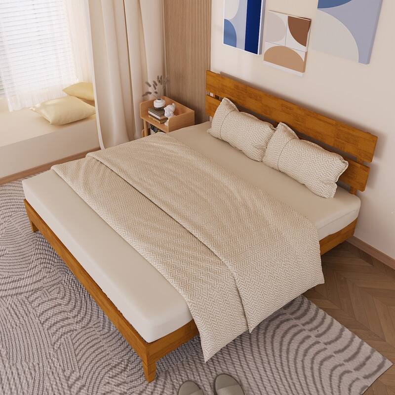 Modern Brown Solid Wood Platform Bed Frame with Headboard