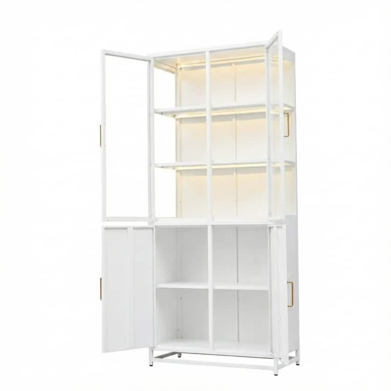 76.75" Tall Glass Door Display Cabinet with LED Lights, 3-Sided Glass Curio for Home & Office