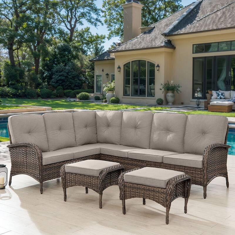 Outdoor L-Shaped Patio Furniture Set with Ottoman - Brown - Beige