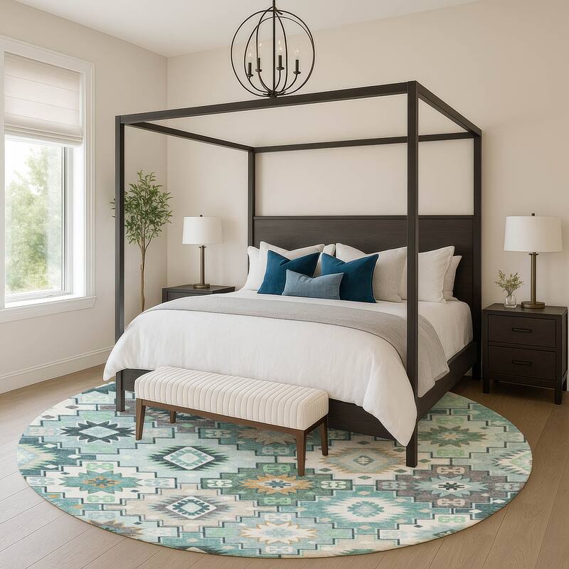 Premium Washable Super Soft Southwest Tribal Mayfield Rug - Teal - 8' x 8'