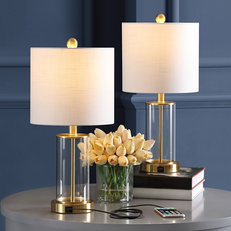 Cabell 21" Glass Modern Contemporary USB Charging LED Table Lamp, Oil Rubbed Bronze (Set of 2) by JONATHAN Y - Brass Gold/Clear