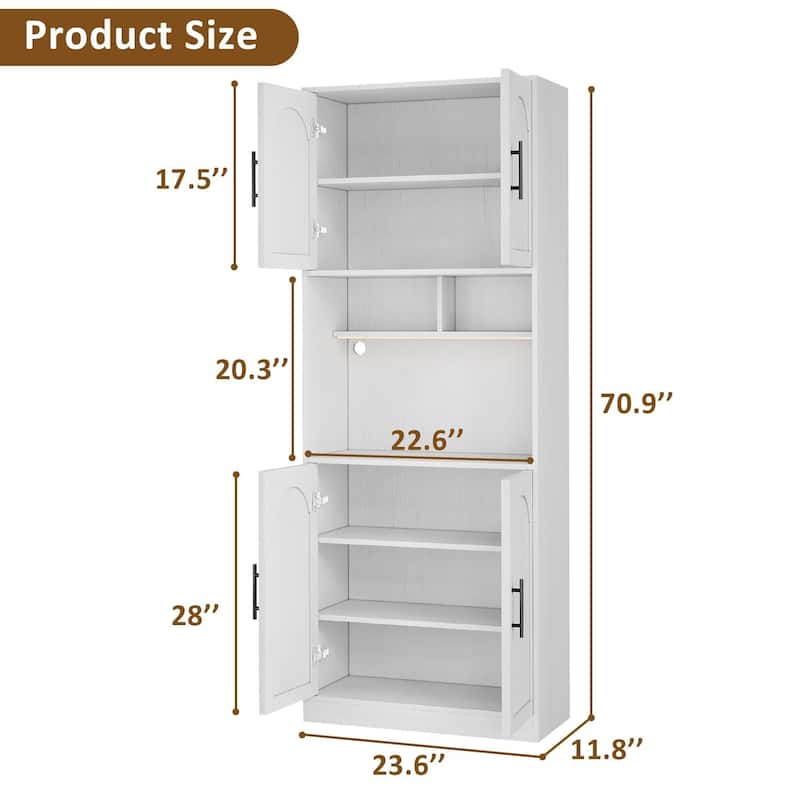 71" Tall Kitchen Pantry Storage Cabinet with Microwave Shelf and LED Light, Hutch Cabinet with Doors and Adjustable Shelves
