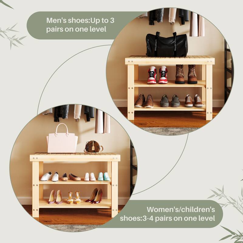 3-Tier Bamboo Shoe Rack Bench with Storage, Black, Brown, Wood