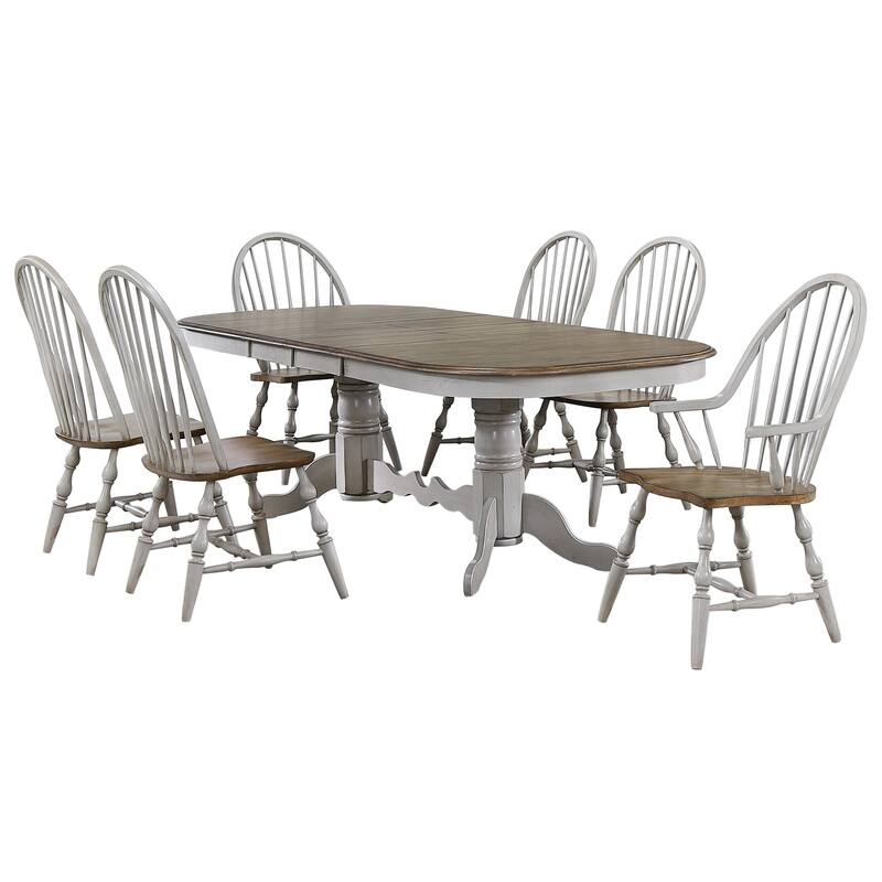 Extendable Dining Table Set - 7 Piece Oval Table with Chairs - Seats 10 - Gray & Brown Wood Finish