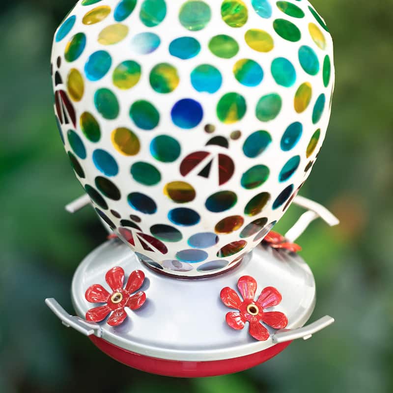 Glitzhome 8.25"H Glass Hanging Dots & Ladybugs Mosaic Birdfeeder