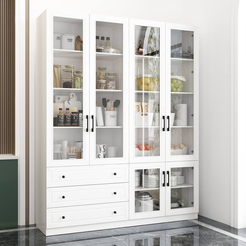 White Storage Solution with Ambient Light Features Pantry Bookshelves - 63"X78.7“