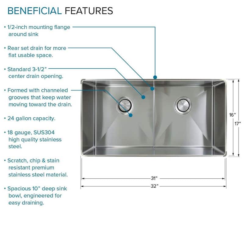 Transolid RDE321710 32-in X 17-in Rimless Double Bowl Kitchen Sink, Stainless Steel