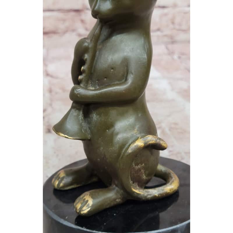 Whimsical Imitative Cat Playing Clarinet Bronze Sculpture On Marble Base
