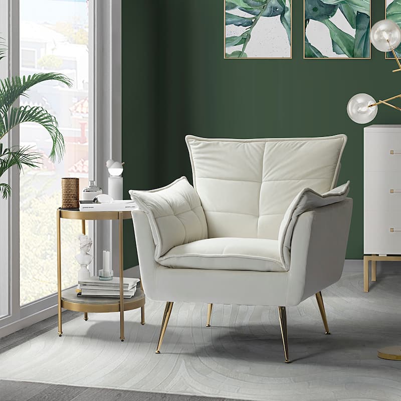 1ida Modern Velvet Tufted Padded Cushion Armchair with Golden Metal Legs by HULALA HOME - IVORY