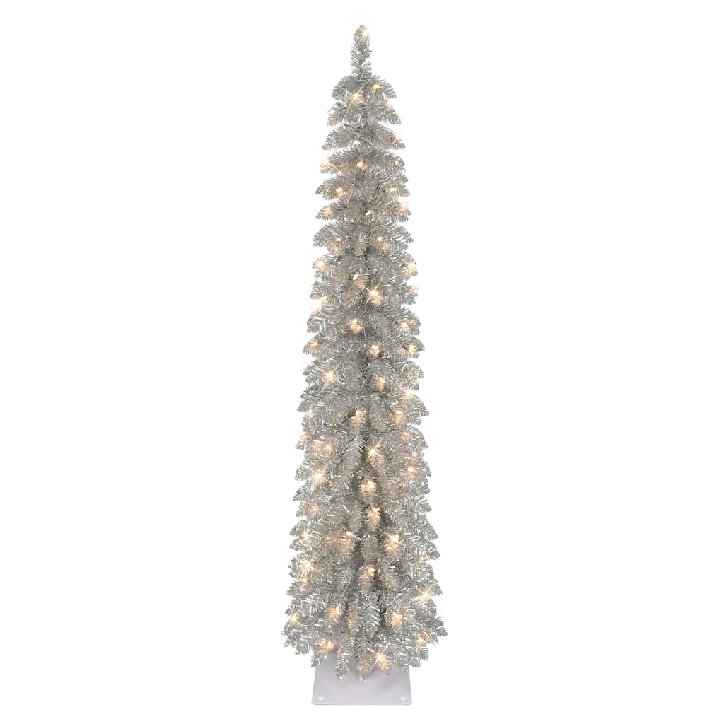 Puleo International 6' Pre-Lit Artificial Alpine Silver Pencil Tree