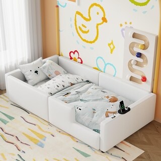 Twin Size Upholstered Platform Bed with Guardrail, Comfortable Design Kids Bed Frame with Charging Station for Bedroom, White