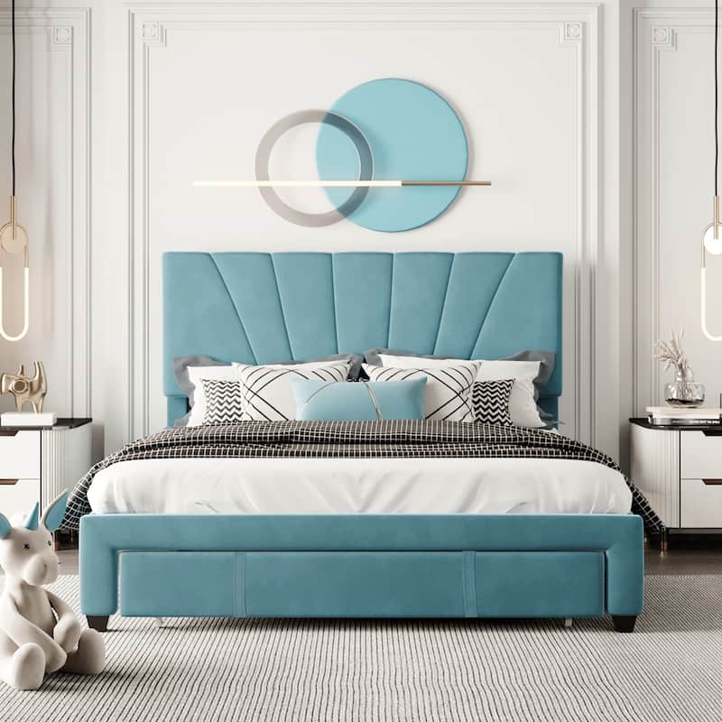 Storage Bed Velvet Upholstered Platform Bed with a Big Drawer