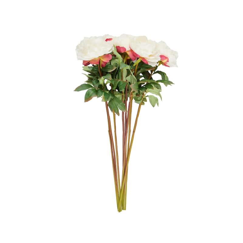 Faux Foliage Peony Tall Artificial Flower Stem with Pink Accents - Set of 8 White - Roche River Decor