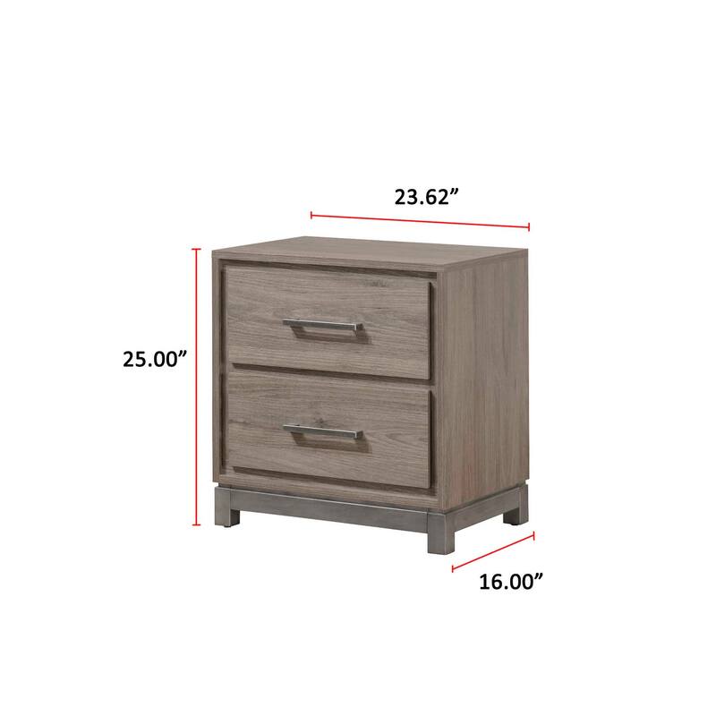 Contemporary Two-Drawer Nightstand with Metal Handle in Gray Oak
