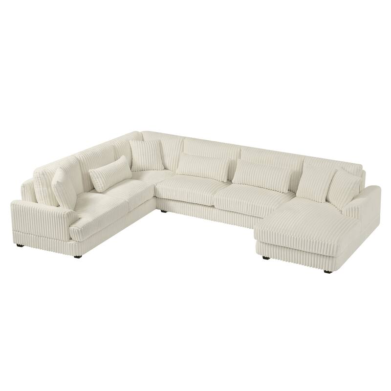 U-Shaped Sectional Sofa with Chaise Lounge, Oversized Corduroy Upholstered Sofa, 5 Seater Sofa with Removable Throw Pillows