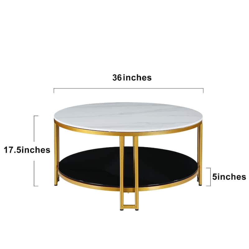 Nesia Modern Accent White Marble Gold Coffee Table Round Sofa Cocktail Double Layer Storage Table Brass Legs - 36''D x 17.5" H