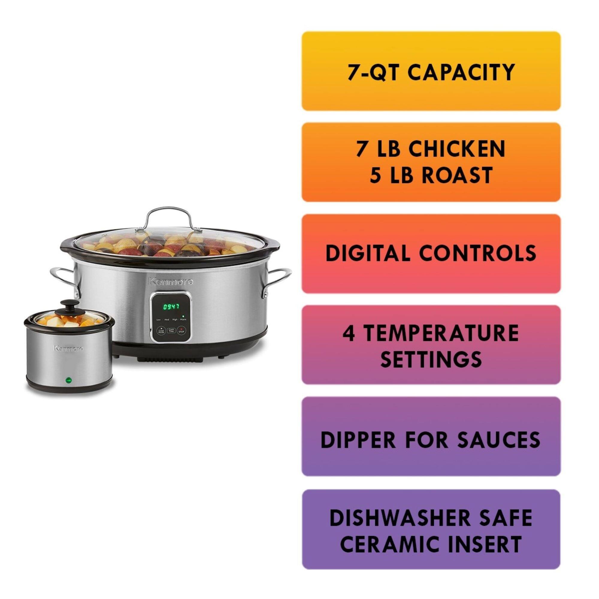 Kenmore Programmable 7 qt (6.6L) Slow Cooker with Dipper SauceWarmer, Black and Stainless Steel