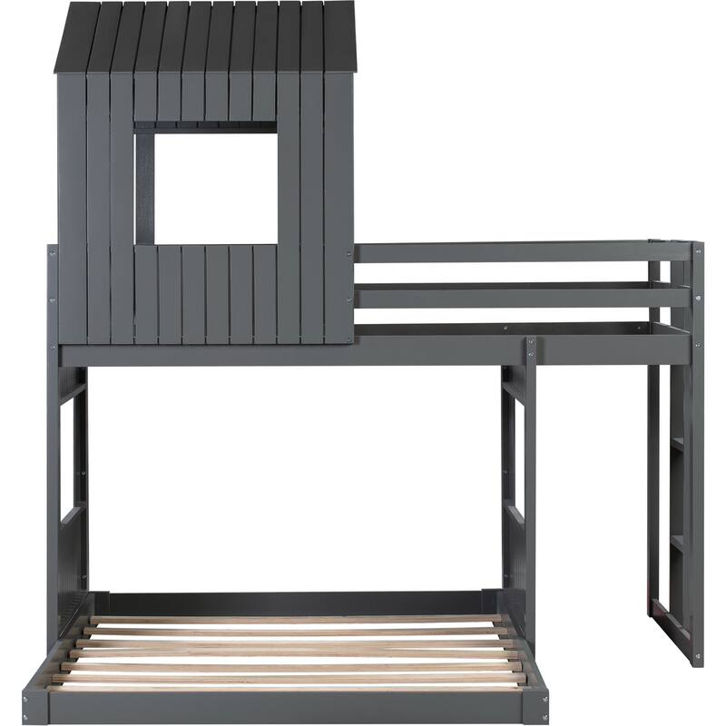 Wooden Bunk Bed, Loft Bed with Playhouse, Farmhouse, Ladder, Slide and Guardrails