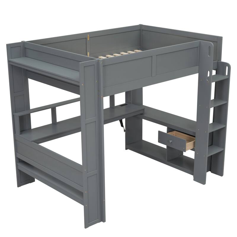 Full Size Loft Bed with Built-in Desk, LED Shelf Lighting, Charging Ports, and Storage Cabinet, Dark Gray Wood Frame