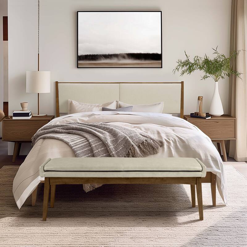 Beige Upholstered Headboard and Wood Frame Set, Queen or King