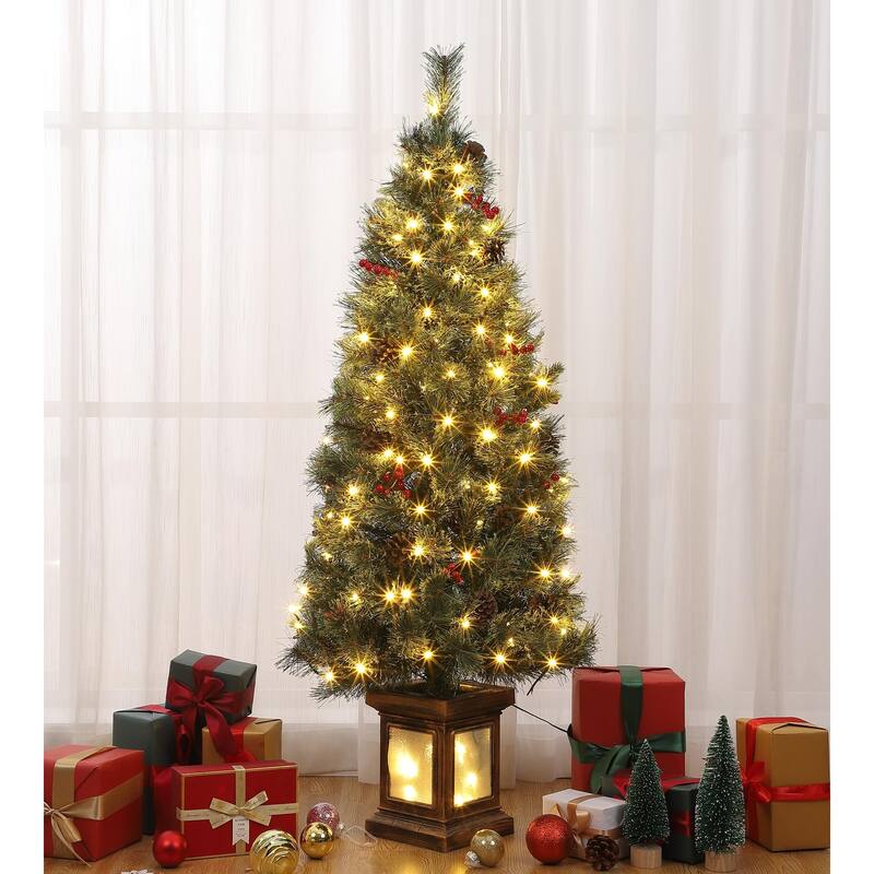 4.5FT Pre-Lit Christmas Tree Holiday Xmas Tree with Lighting Vintage Potted Base